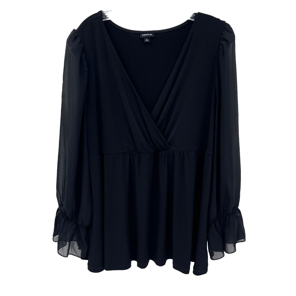 TORRID Women's 2 (2X) Black V-Neck Sheer Poet Ruffled-Sleeve Babydoll Top Blouse